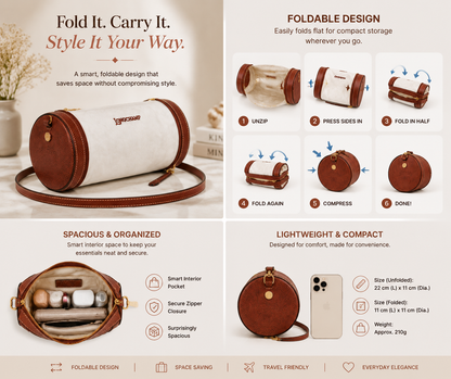 Women’s Foldable Mini Barrel Crossbody Bag – Compact, Stylish & Travel Friendly Shoulder Purse