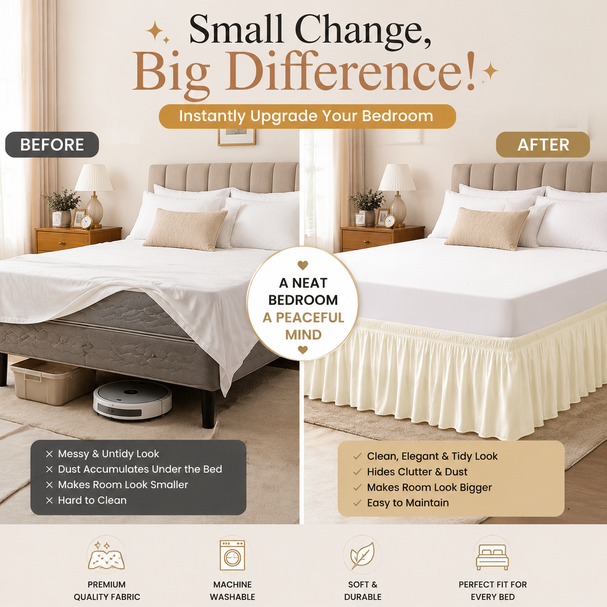✨ Universal Size Luxury Ruffled Bed Skirt – Elegant Bedroom Makeover & Dust Protection ✨