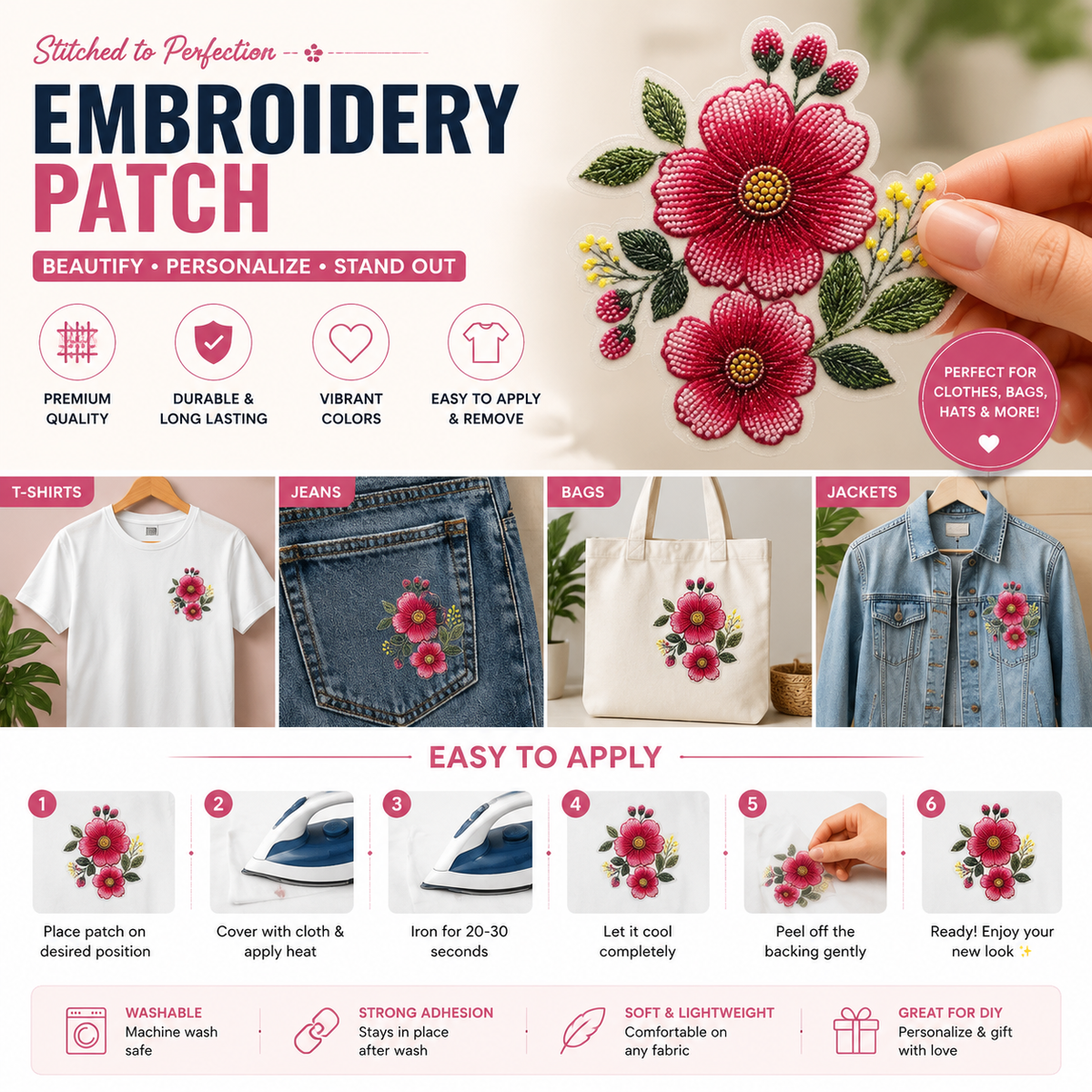 ✨ 3D Flower Embroidery Patch – DIY Clothing Decoration