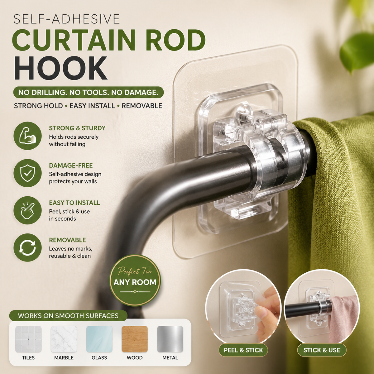 🏠 No Drill Universal Curtain Rod Holder – Easy Wall Mount Solution
