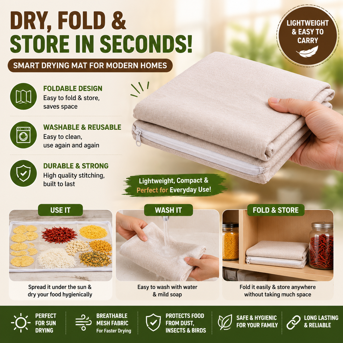 Universal Hygienic Sun Drying Mat for Masala, Haldi, Rice and more