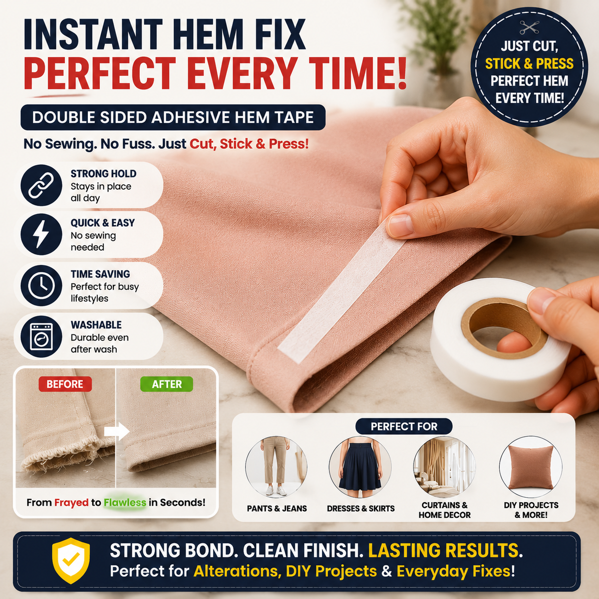 No Sew Hem Tape for Clothes – Strong Double Sided Iron-On Fabric Fix Tape for Pants & Dresses