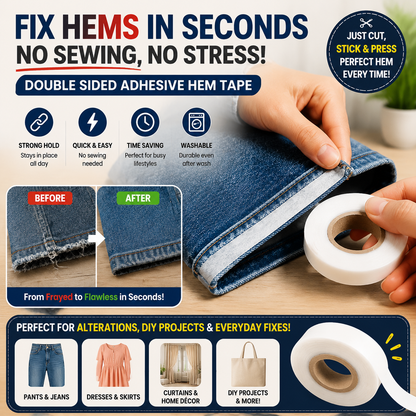 No Sew Hem Tape for Clothes – Strong Double Sided Iron-On Fabric Fix Tape for Pants & Dresses