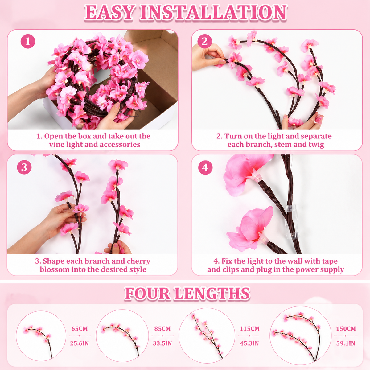 Cherry Blossom Tree Lights, USB Powered Vine With 96 LEDs