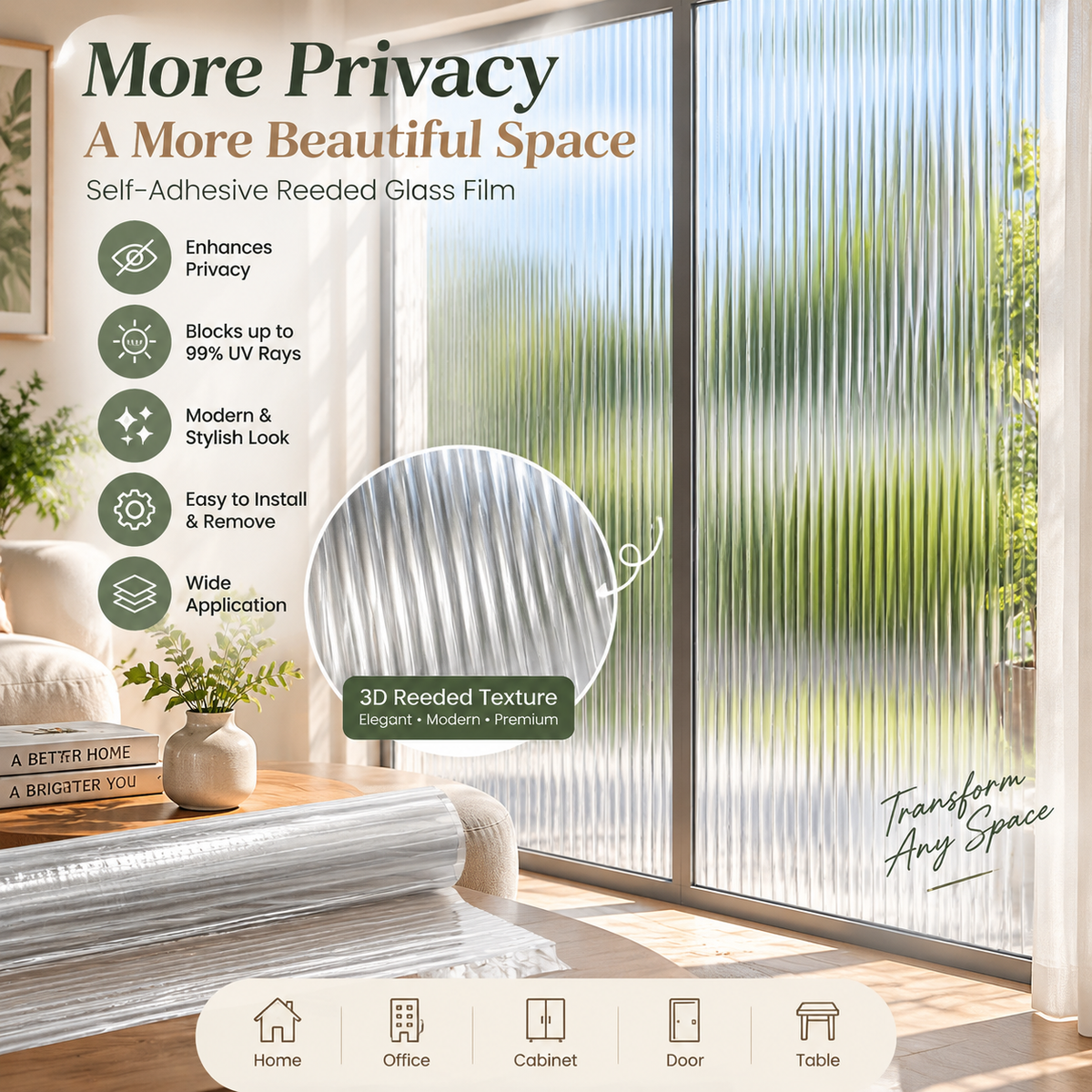 🪟 3D Reeded Glass Privacy Window Film